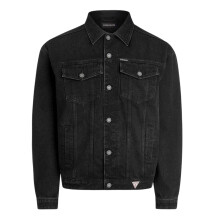 (L, Black) Guess Mens Plain Denim Chest Pocket Trucker Jacket