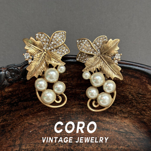 Antique Pearl Earrings with Gold Leaf Design 1