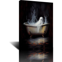 Ghost in Bathtub Painting Vintage Halloween Wall Art 12x16