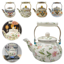 Vintage enameled tea kettle with floral pattern 84 oz