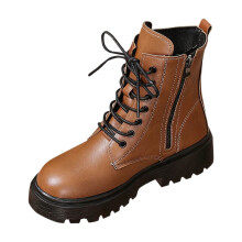 Brown Women's Ankle Boots PU Leather Side Zipper Round Toe