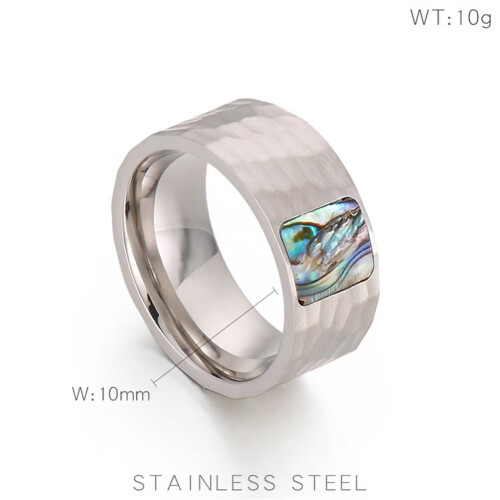 Stainless Steel Abalone Shell Ring Vintage Hammered Pattern 1