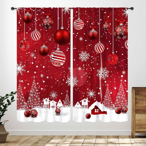 Red and White Christmas Curtains with Snowflakes Tree Snow