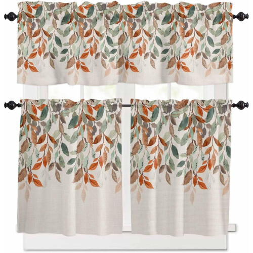 Eucalyptus Leaf Kitchen Curtains Set Orange Green 3-Piece