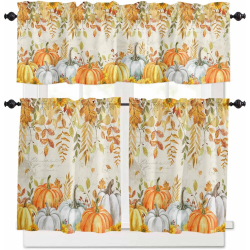Kitchen Curtains and Valances Set Orange White Gold
