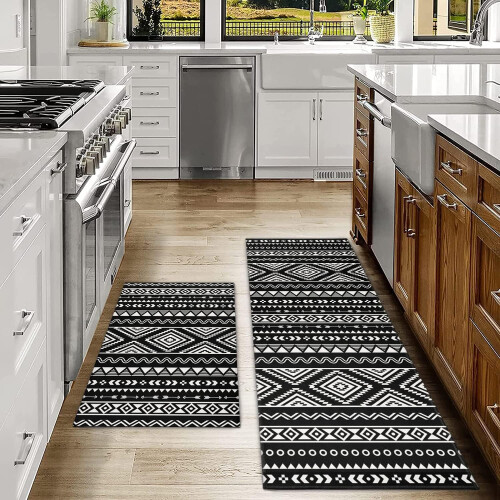 Black Boho Kitchen Rug Set 2 Piece Washable Non-Slip 1