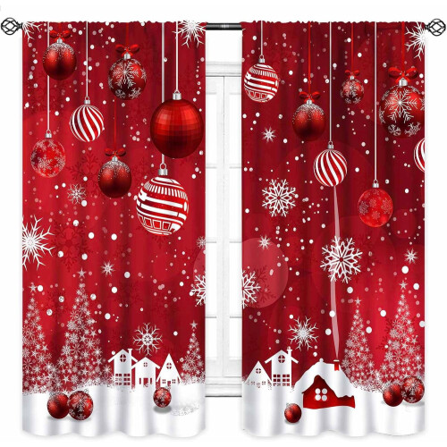 Red and White Christmas Curtains with Snowflakes Tree Snow 2