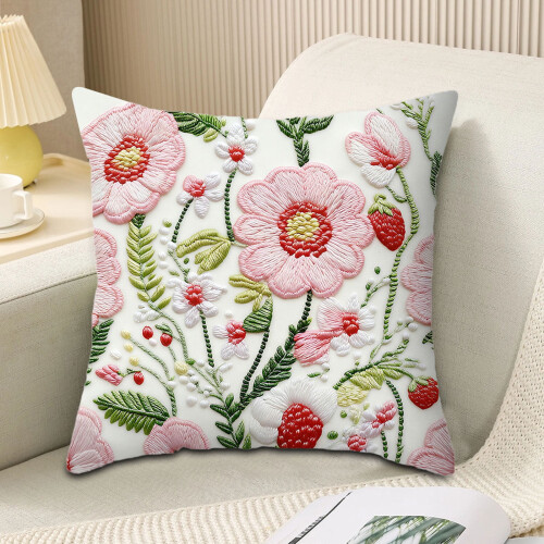 Housse de coussin brodée à motif floral en lin 45x45cm 2