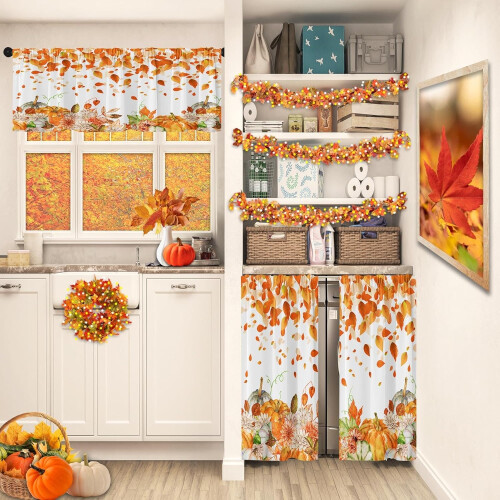 Orange Fall Leaves Kitchen Curtains Valance and Tier Set 36 1