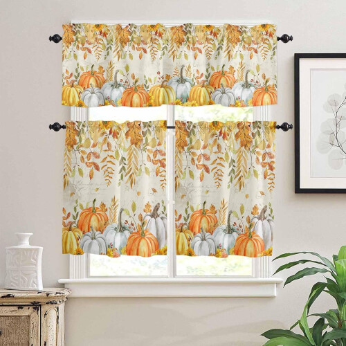 Kitchen Curtains and Valances Set Orange White Gold 1