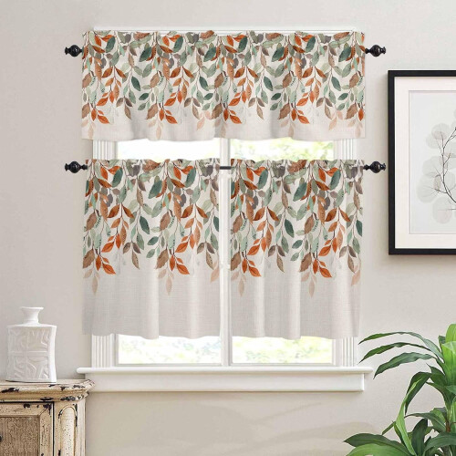 Eucalyptus Leaf Kitchen Curtains Set Orange Green 3-Piece 1