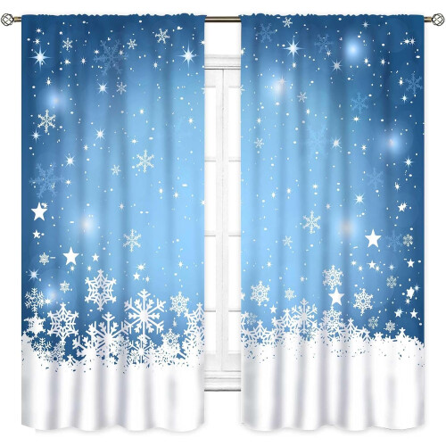Blue and White Snowflake Christmas Curtains 2 Panels 84x84 1