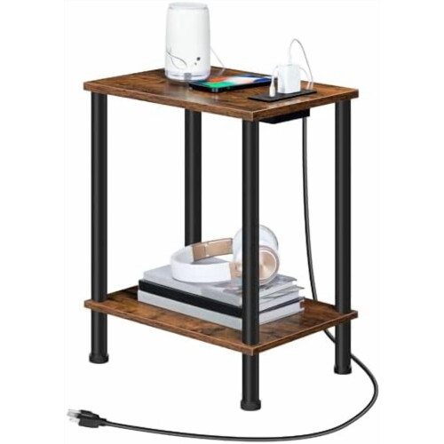 Side Table with Charging Station Rustic Brown 2-Tier