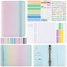 A6 Gradient Macaron Binder Hand Ledger Notebook Leather PU Loose-Leaf Book Cash Budget Book with Zip Bag, Green
