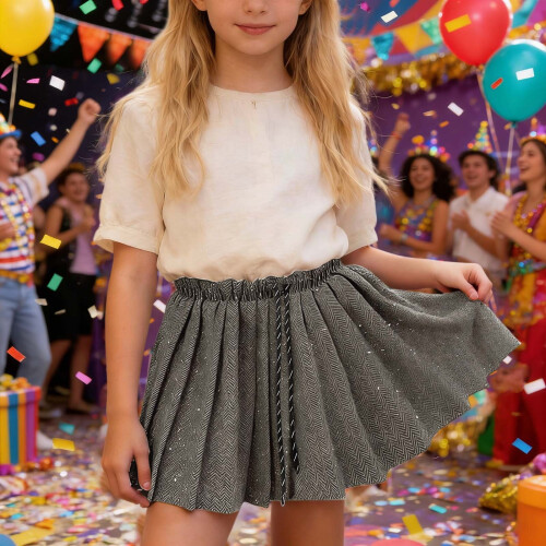 Girls Shimmering Sequin Pleated Skirt Grey 1