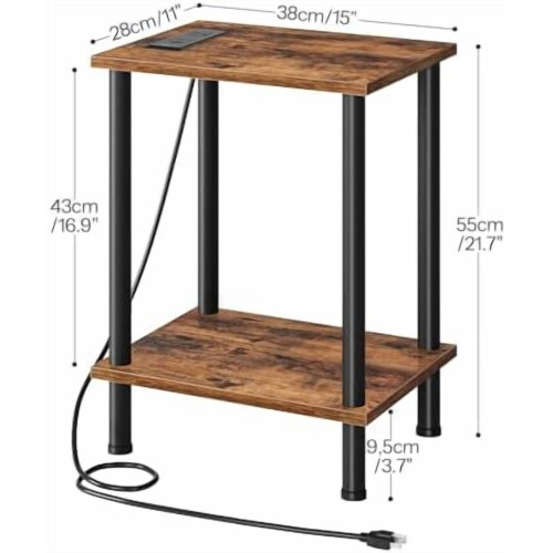 Side Table with Charging Station Rustic Brown 2-Tier 2
