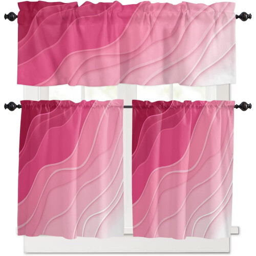 Kitchen Curtains Set Rosy Pink Ombre Geometric 3-Pc