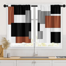 Geometric Brown Kitchen Curtains 26x36 Inch Black Grey