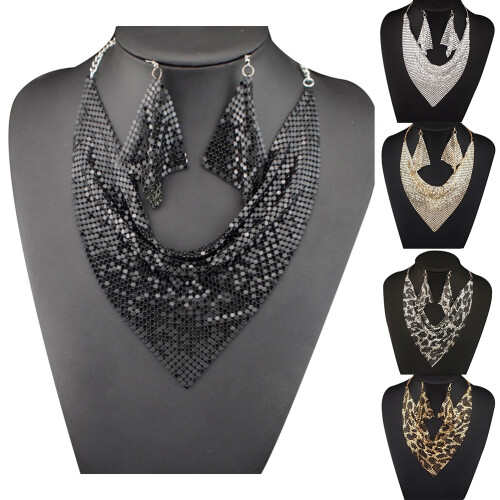 Women's Triangular Scarf Set with Sequins Bib Necklace and 1