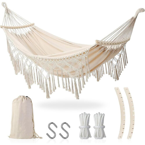 Boho Hanging Hammock with Fringe 440 lb Capacity Portable