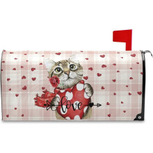 Cat Mailbox Cover Red Pink Heart Buffalo Plaid Magnetic