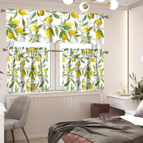 Lemon Print Blackout Kitchen Curtains Set 3-Pc Farmhouse 1