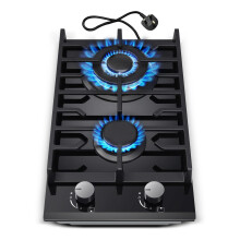 TopStrong Gas Hob 2 burners, 30cm Built in 2 Burners Gas on Glass Hob, NG/LPG Convertible, Flame Out Protection, Cast Iron Supports, 5200W