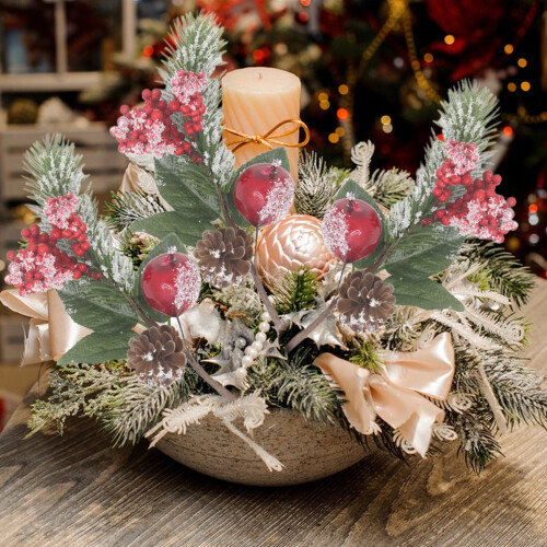 Red Berry and Pine Artificial Holly Stems 12 inch 1