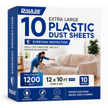 Raulde 10 Pack Extra Large Plastic Dust Sheets for Decorating 3.6 x 3m (12 x 10ft), Light Dust Sheet for Painting & Furniture - Plastic Sheet - Plasti