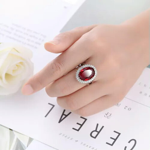 925 Silver Ruby Ring Oval Red Zircon Women Size 8 1