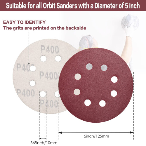 STEBRUAM 100Pack 125mm Sanding Discs 400 Grit Sandpaper for Orbital Sander 1