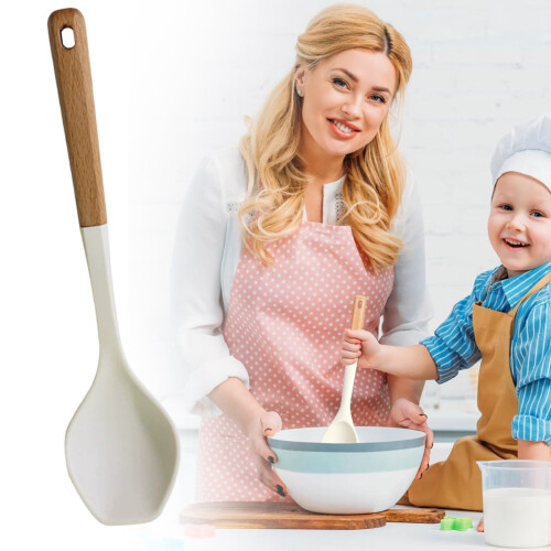 Silicone Spatula Spoon with Wood Handle 2-in-1 2
