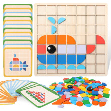 Wooden Pattern Blocks Puzzle Set with 20 Cards and Tray,