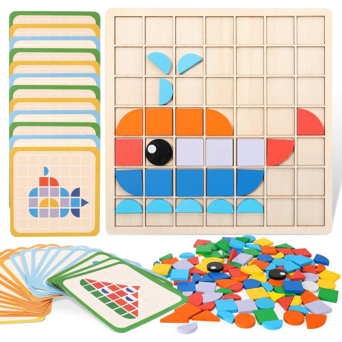 Wooden Pattern Blocks Puzzle Set with 20 Cards and Tray,