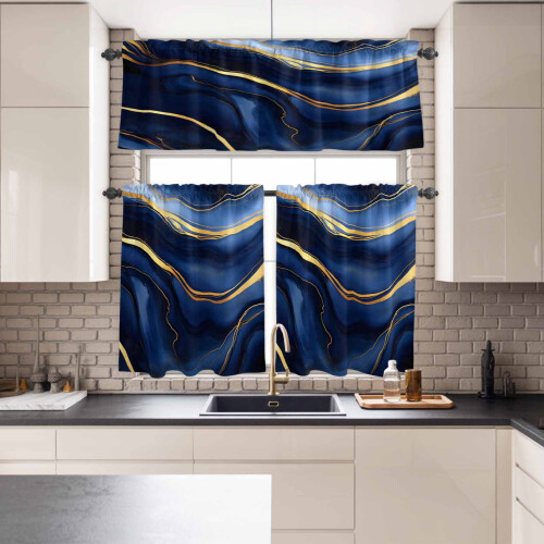 Navy Blue Marble Gold Foil Tier Curtains and Valance