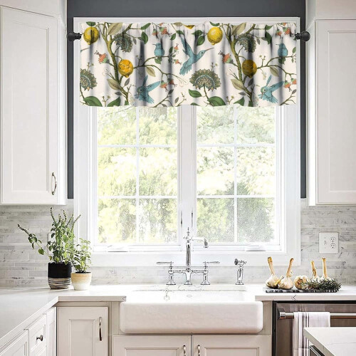 Retro Lemon Kitchen Valance Blue Birds Lemon Tree Print 2