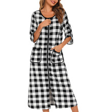 Women's Plaid Housecoat with Zipper Front and Pockets S-2XL