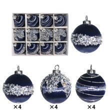 Christmas Ornaments Blue Satin Glitter Balls Set of 12