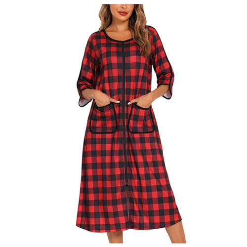 Women's Plaid Robe with Zipper Front and Pockets S-2XL 1