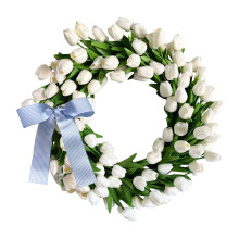 White Tulip Wreath Artificial Silk Bow 13.8 Inch