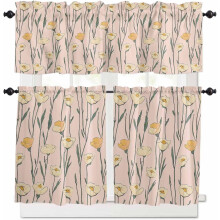 Pink Floral Kitchen Curtains Set with Valances Rod Pocket
