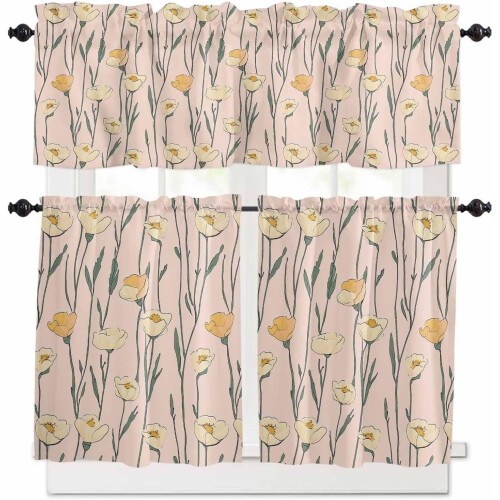 Pink Floral Kitchen Curtains Set with Valances Rod Pocket