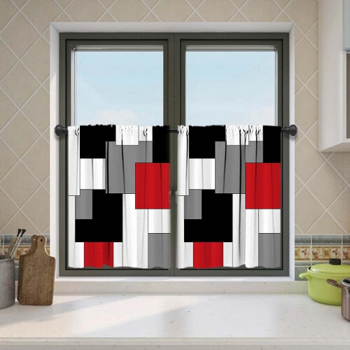 Kitchen Curtain Tiers Set Red Black 2 pcs 24 inch