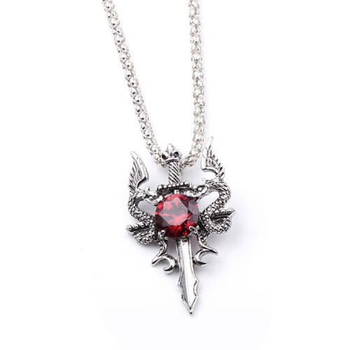 Vintage Double Dragon Sword Necklace Red Black Crystal