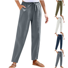 Women's Cotton Linen Pants Solid Color Wide Leg Elastic