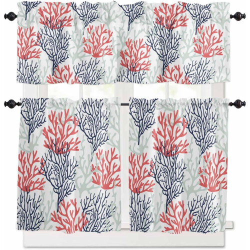 Red Navy Blue Coastal Kitchen Curtains with Valances 36 1