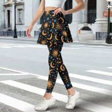 Women's Brown Blue Sun Moon Stars Skort with Leggings