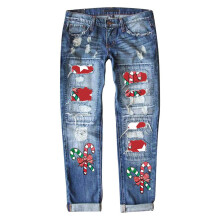 Women's Christmas Ripped Jeans Mid-Rise Straight Leg Denim