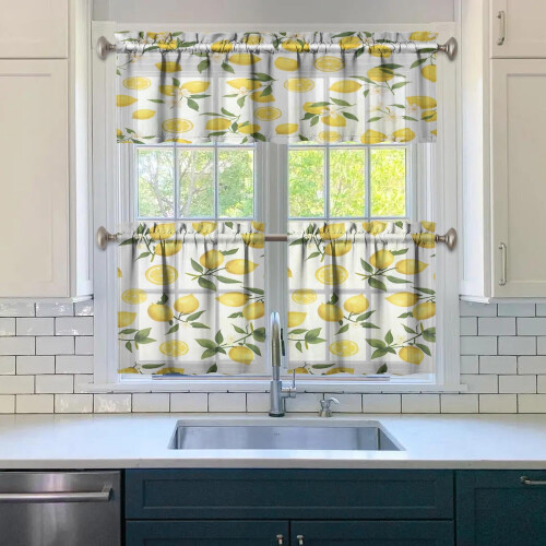 Yellow Lemon Kitchen Curtains and Valance Set 3-Piece Rod 2