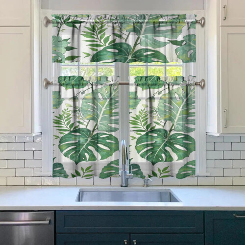 Green Tropical Leaf Kitchen Curtain Valance Set 36 inch 2